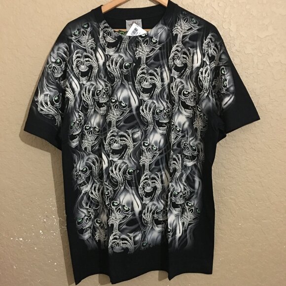 Skull Skeleton All Over Print Black T-Shirt XL Death Fear - Picture 1 of 5